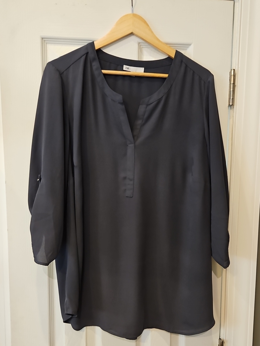 DR Daniel Rainn Dark Grey Split V-Neck Blouse - Women's 3/4 Sleeve Top